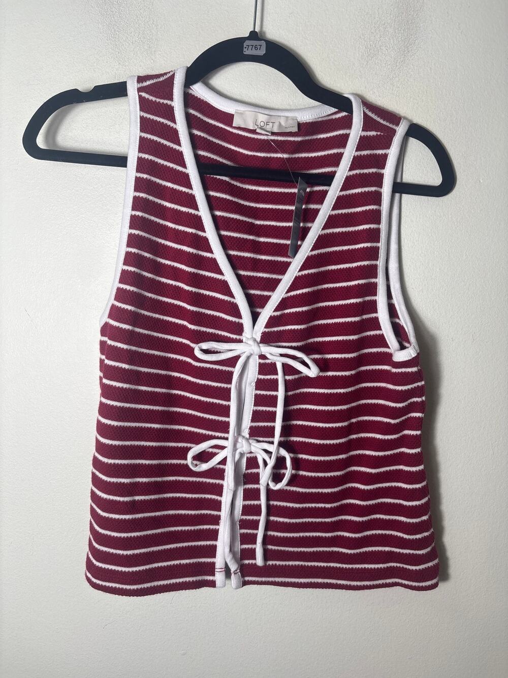 NWT Loft Brick red and White Stripe Sleeve Top Sz S